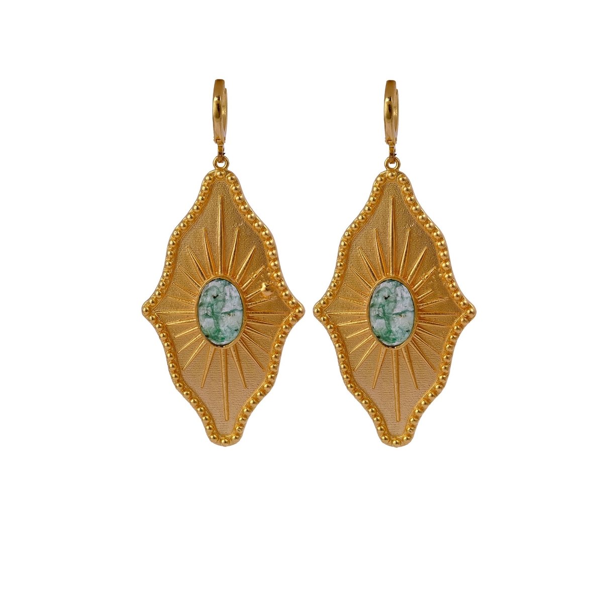 Green Strawberry Quartz Sunburst Drop Earrings, Gold Plated Statement Earrings 5379
