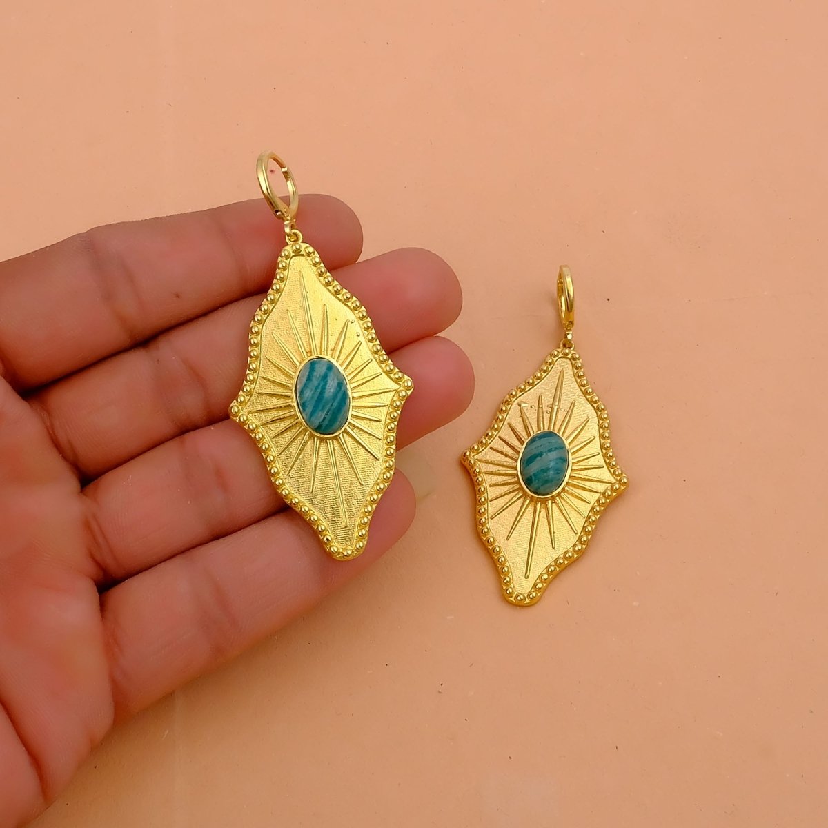 Green Strawberry Quartz Sunburst Drop Earrings, Gold Plated Statement Earrings 5379
