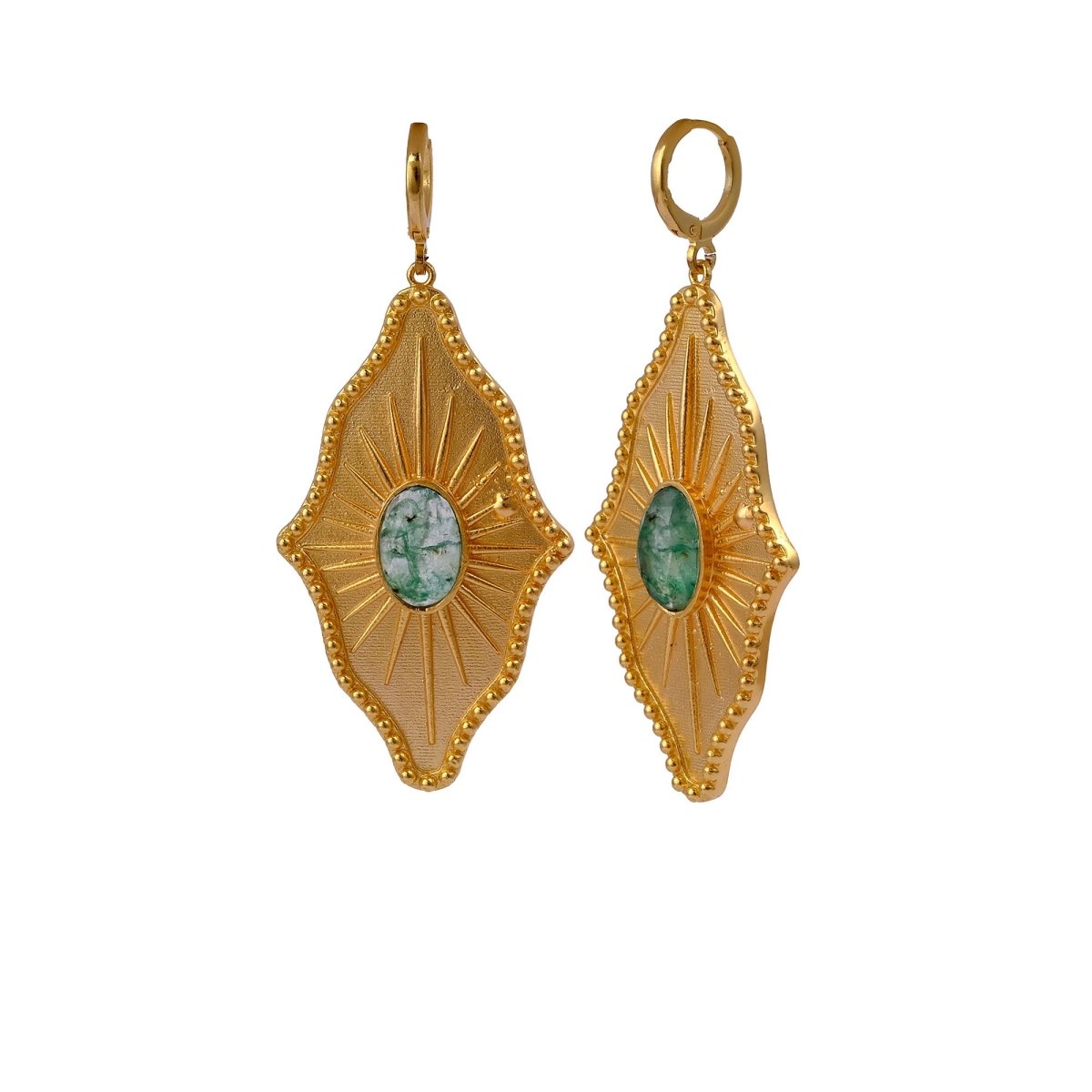 Green Strawberry Quartz Sunburst Drop Earrings, Gold Plated Statement Earrings 5379
