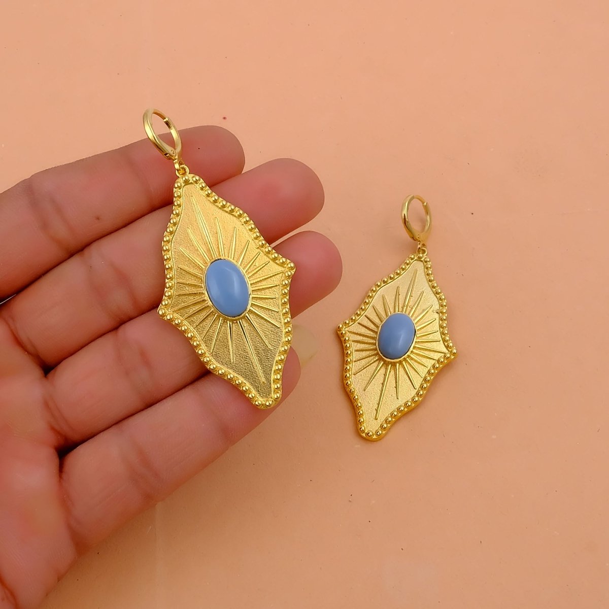 Green Strawberry Quartz Sunburst Drop Earrings, Gold Plated Statement Earrings 5379
