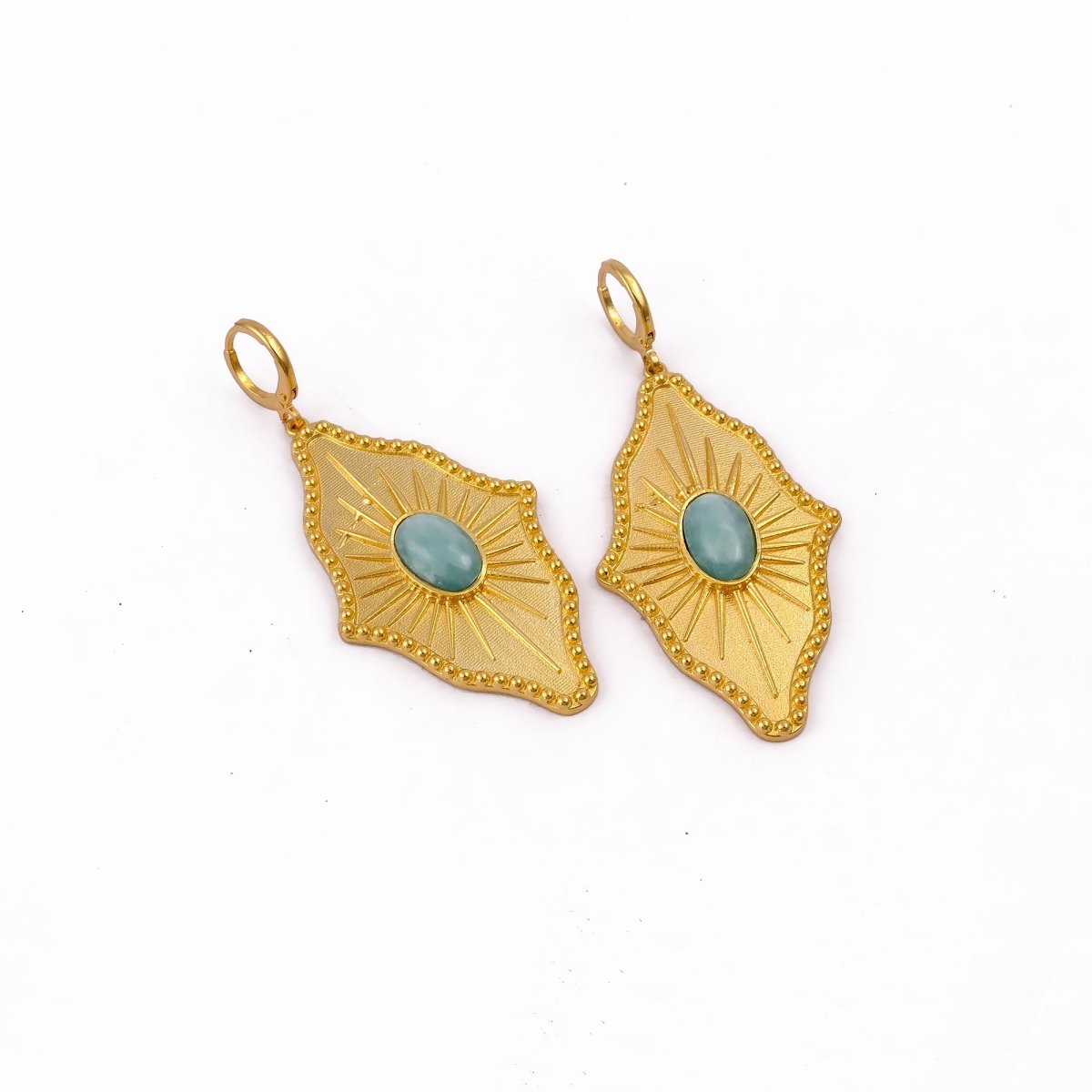 Green Strawberry Quartz Sunburst Drop Earrings, Gold Plated Statement Earrings 5379