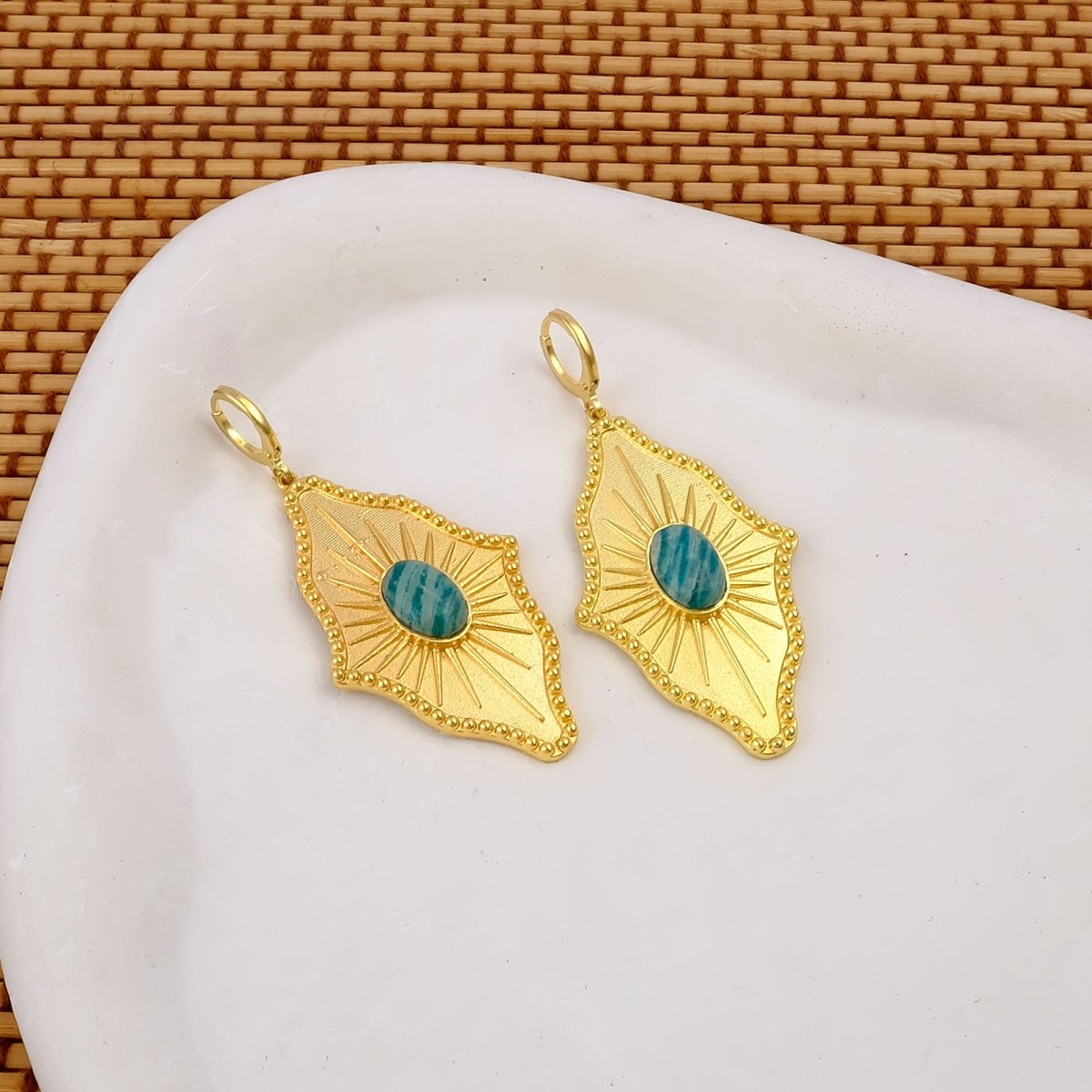 Green Strawberry Quartz Sunburst Drop Earrings, Gold Plated Statement Earrings 5379