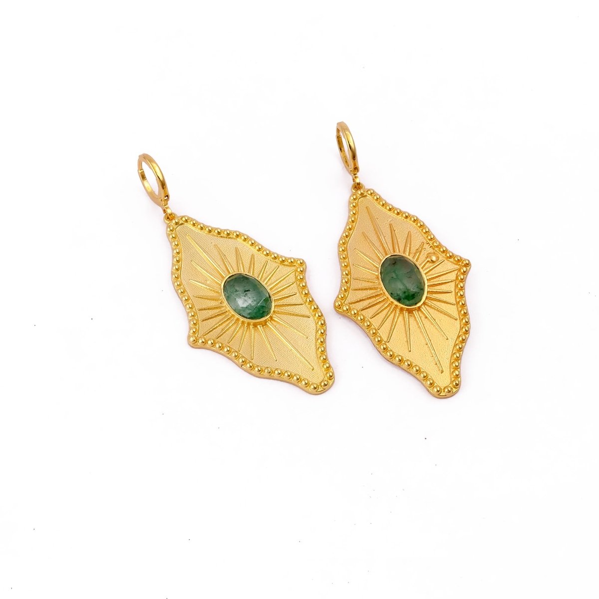 Green Strawberry Quartz Sunburst Drop Earrings, Gold Plated Statement Earrings 5379