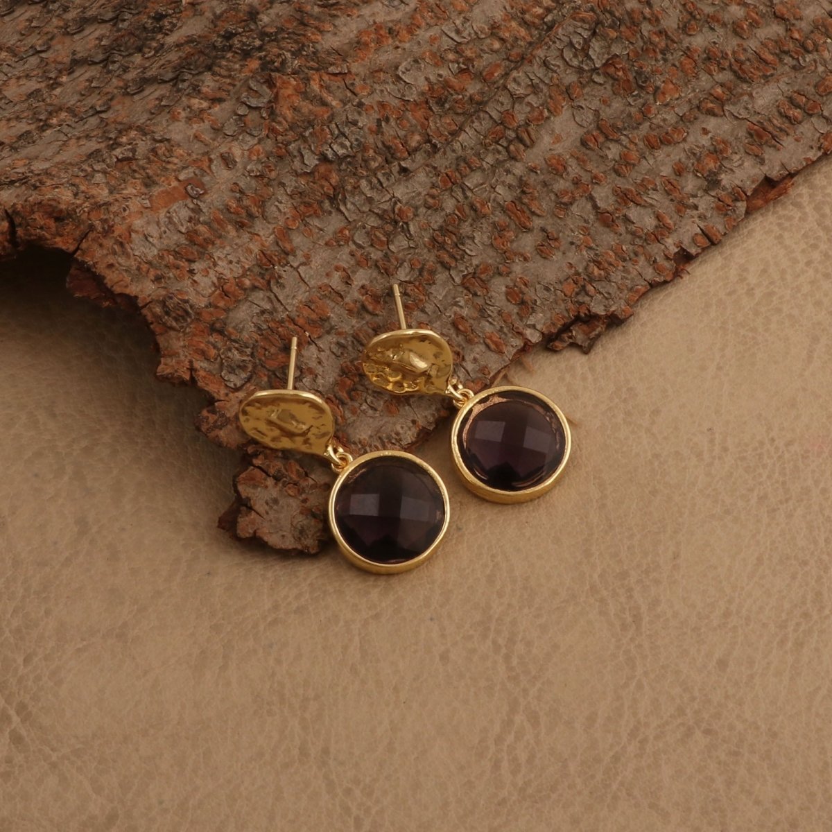 Hammered Gold Plated and Citrine Round Faceted Drop Earrings CE - 1038