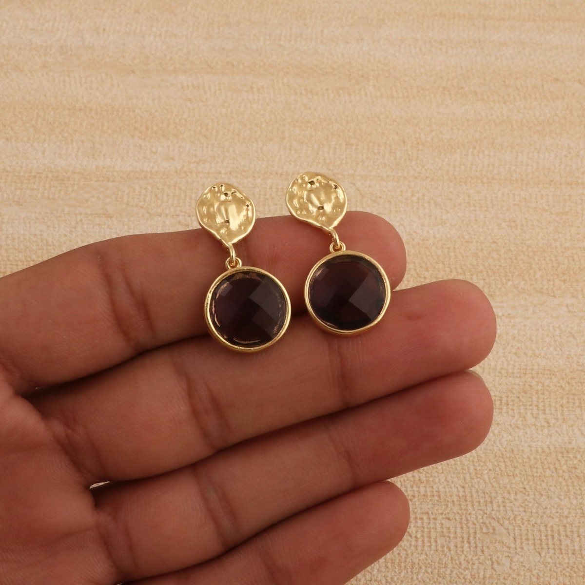 Hammered Gold Plated and Citrine Round Faceted Drop Earrings CE - 1038