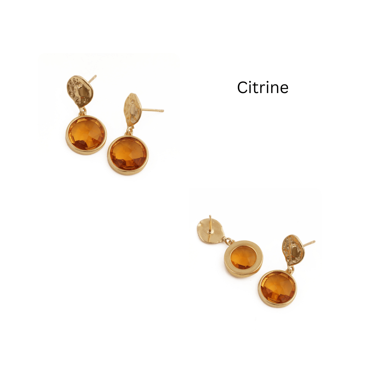 Hammered Gold Plated and Citrine Round Faceted Drop Earrings CE - 1038