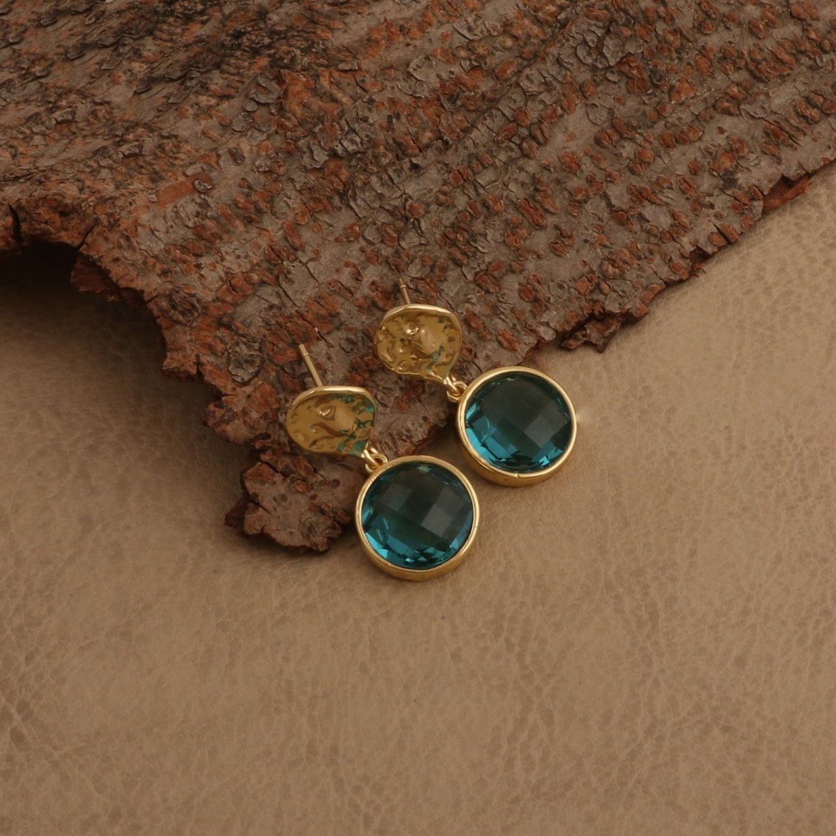 Hammered Gold Plated and Citrine Round Faceted Drop Earrings CE - 1038
