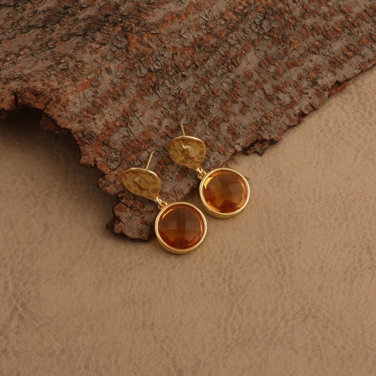 Hammered Gold Plated and Citrine Round Faceted Drop Earrings CE - 1038