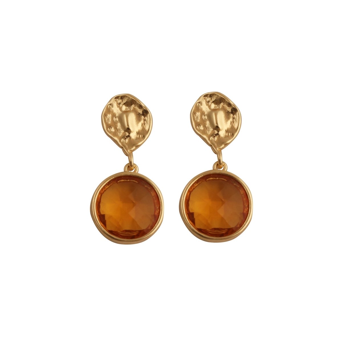 Hammered Gold Plated and Citrine Round Faceted Drop Earrings CE - 1038
