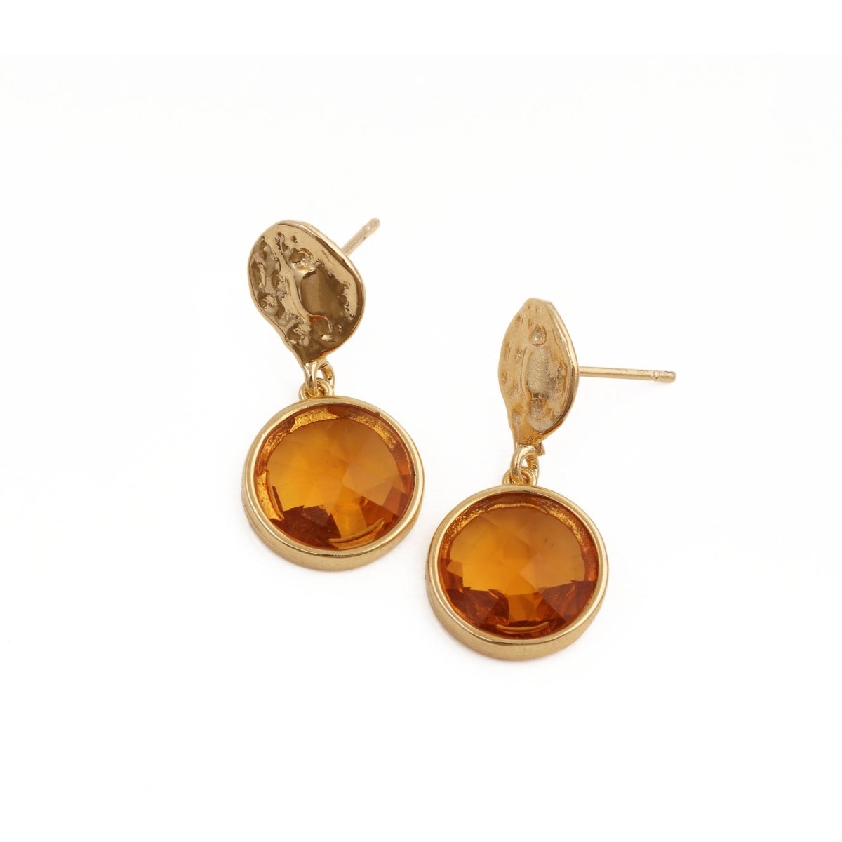 Hammered Gold Plated and Citrine Round Faceted Drop Earrings CE - 1038