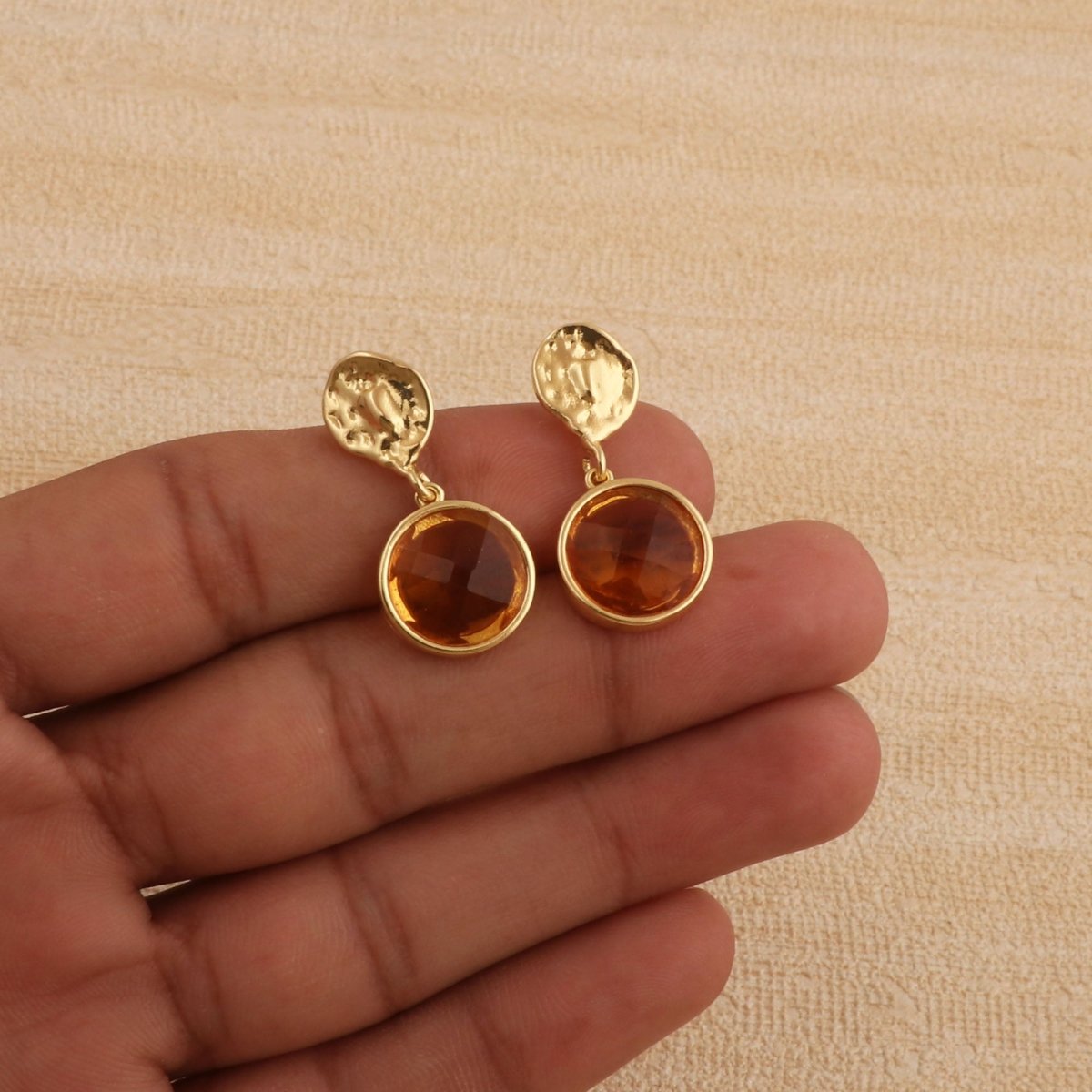 Hammered Gold Plated and Citrine Round Faceted Drop Earrings CE - 1038