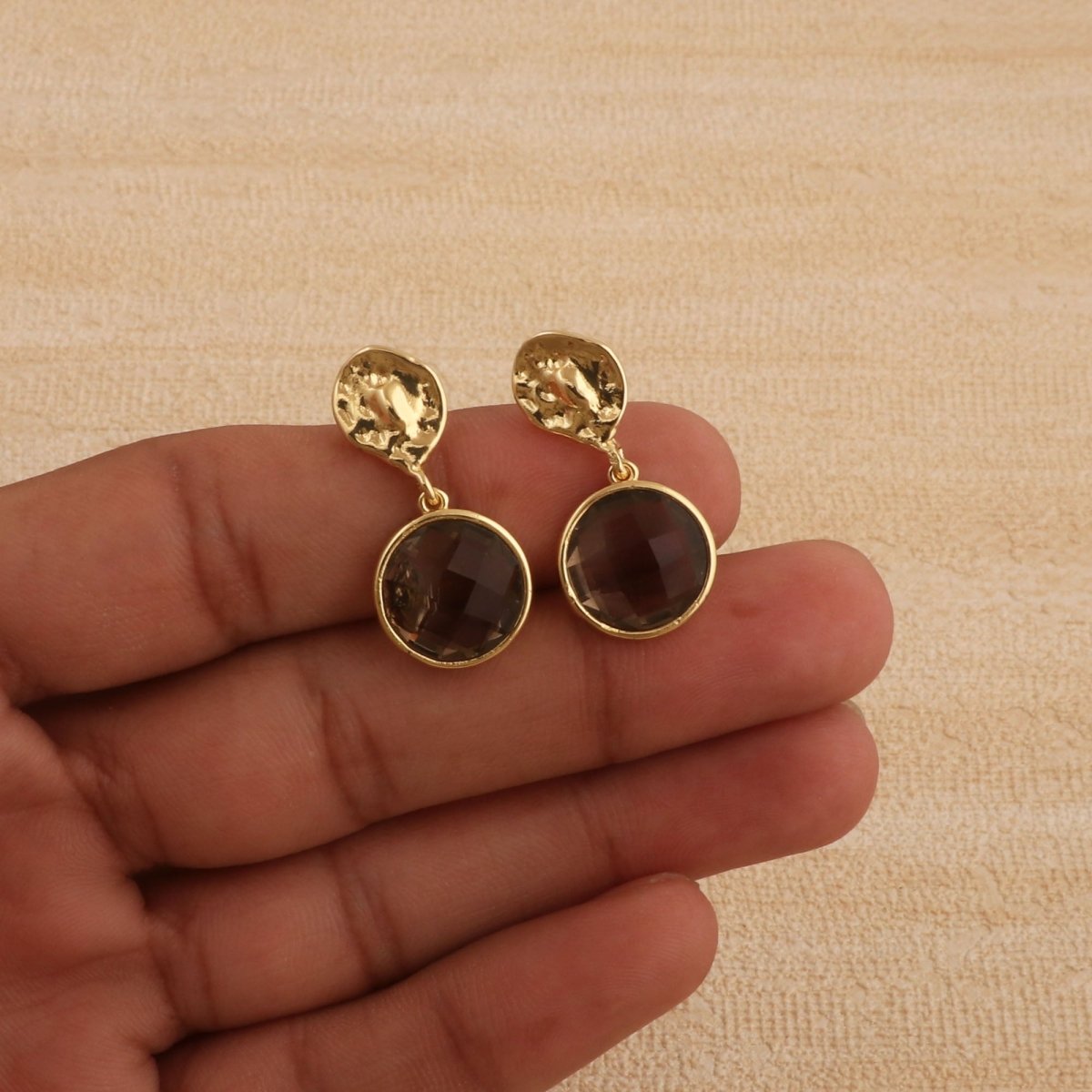 Hammered Gold Plated and Citrine Round Faceted Drop Earrings CE - 1038