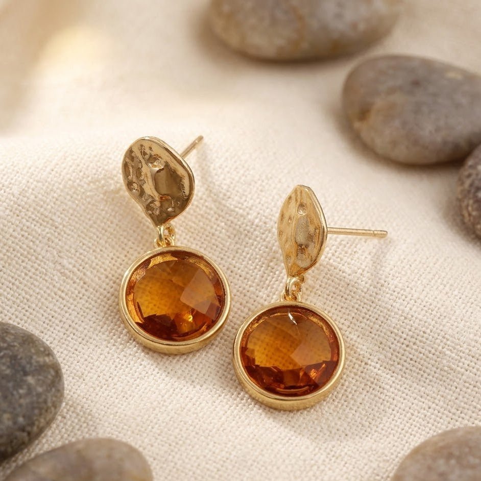 Hammered Gold Plated and Citrine Round Faceted Drop Earrings CE - 1038