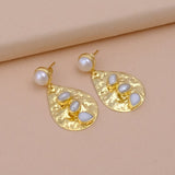 Hammered Style 8MM Pearl&nbsp; Gemstone Round Shape&nbsp; Studs Earrings, Collet Setting Dangle Drop Earrings Jewelry, Elegant Statement Jewelry, Anniversary Gift.S