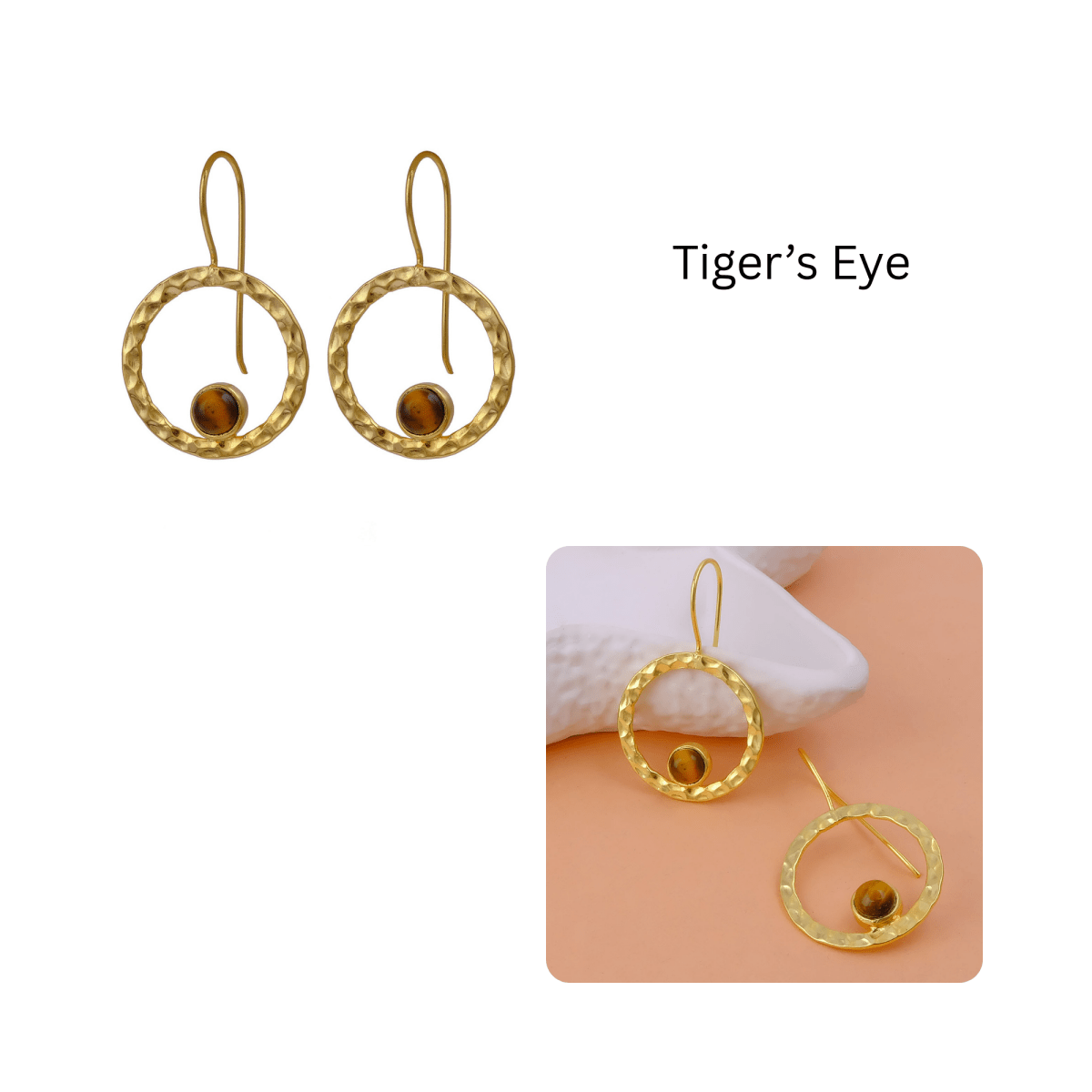 Hammered Textured Gold Plated Circle Earrings with Tiger's Eye Gemstone 5098
