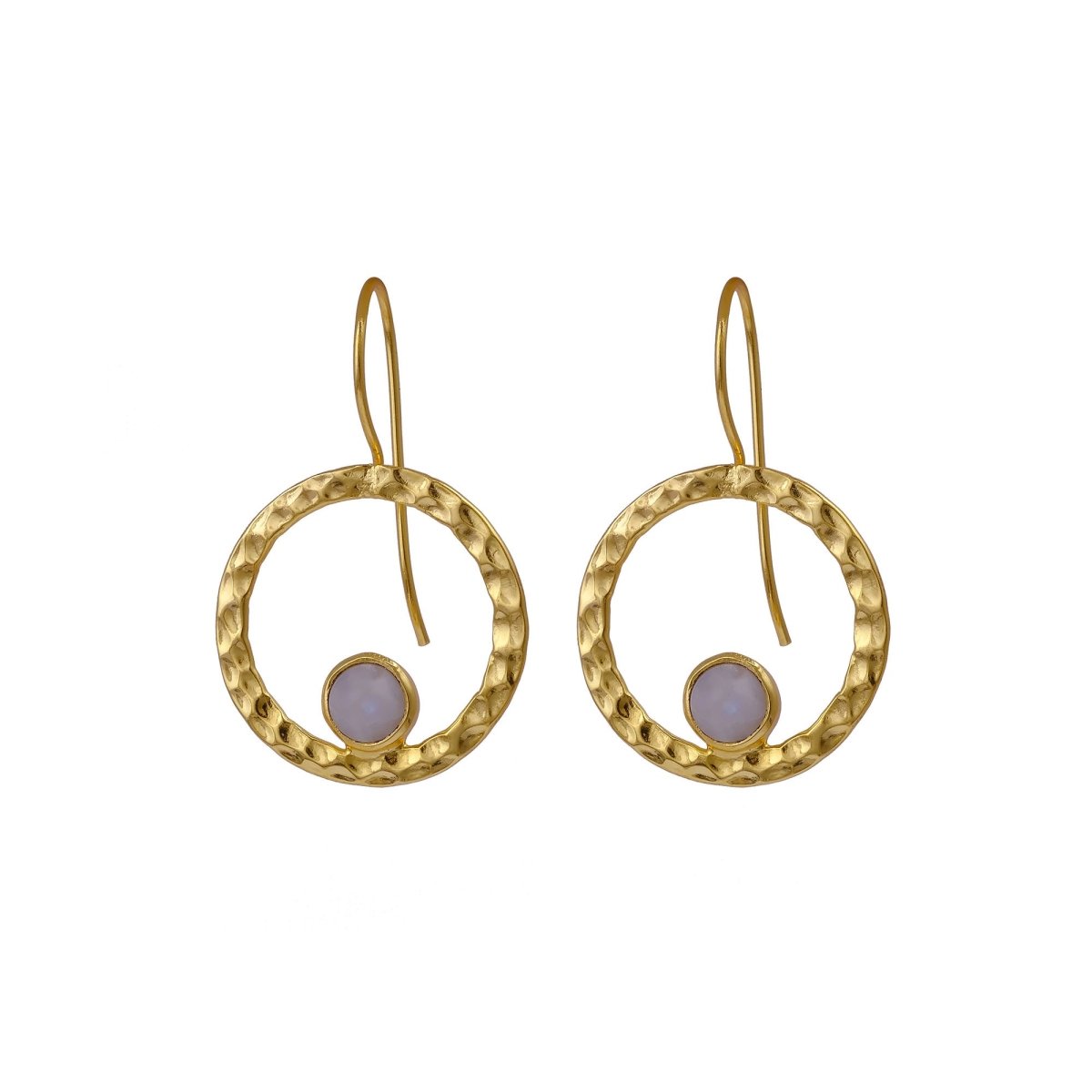 Hammered Textured Gold Plated Circle Earrings with Tiger's Eye Gemstone 5098