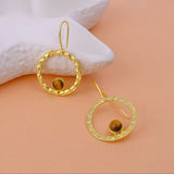 Hammered Textured Gold Plated Circle Earrings with Tiger's Eye Gemstone 5098