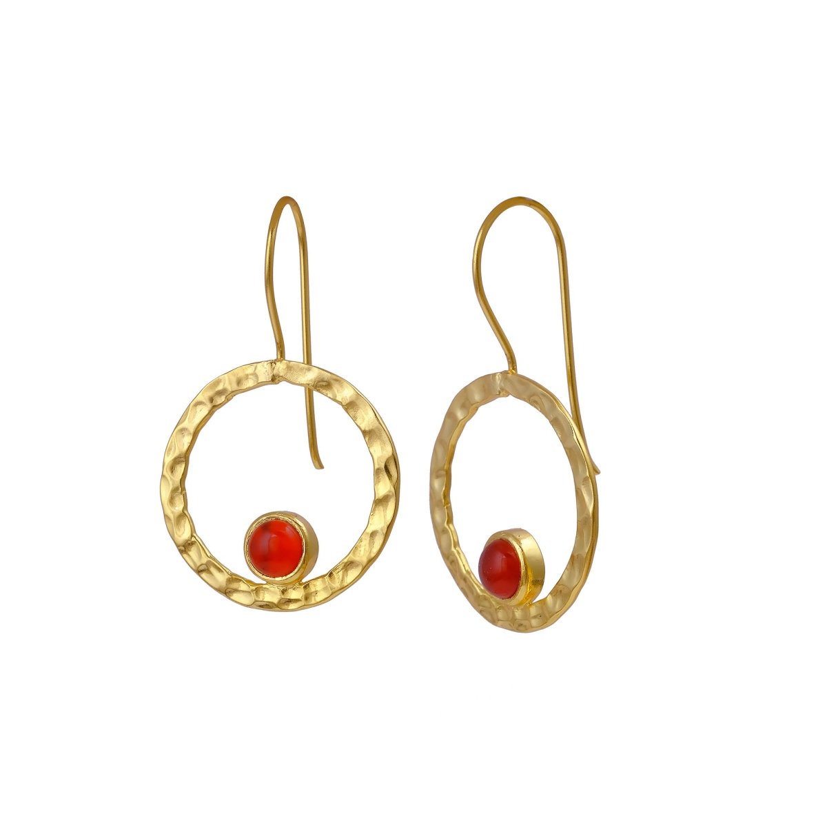 Hammered Textured Gold Plated Circle Earrings with Tiger's Eye Gemstone 5098