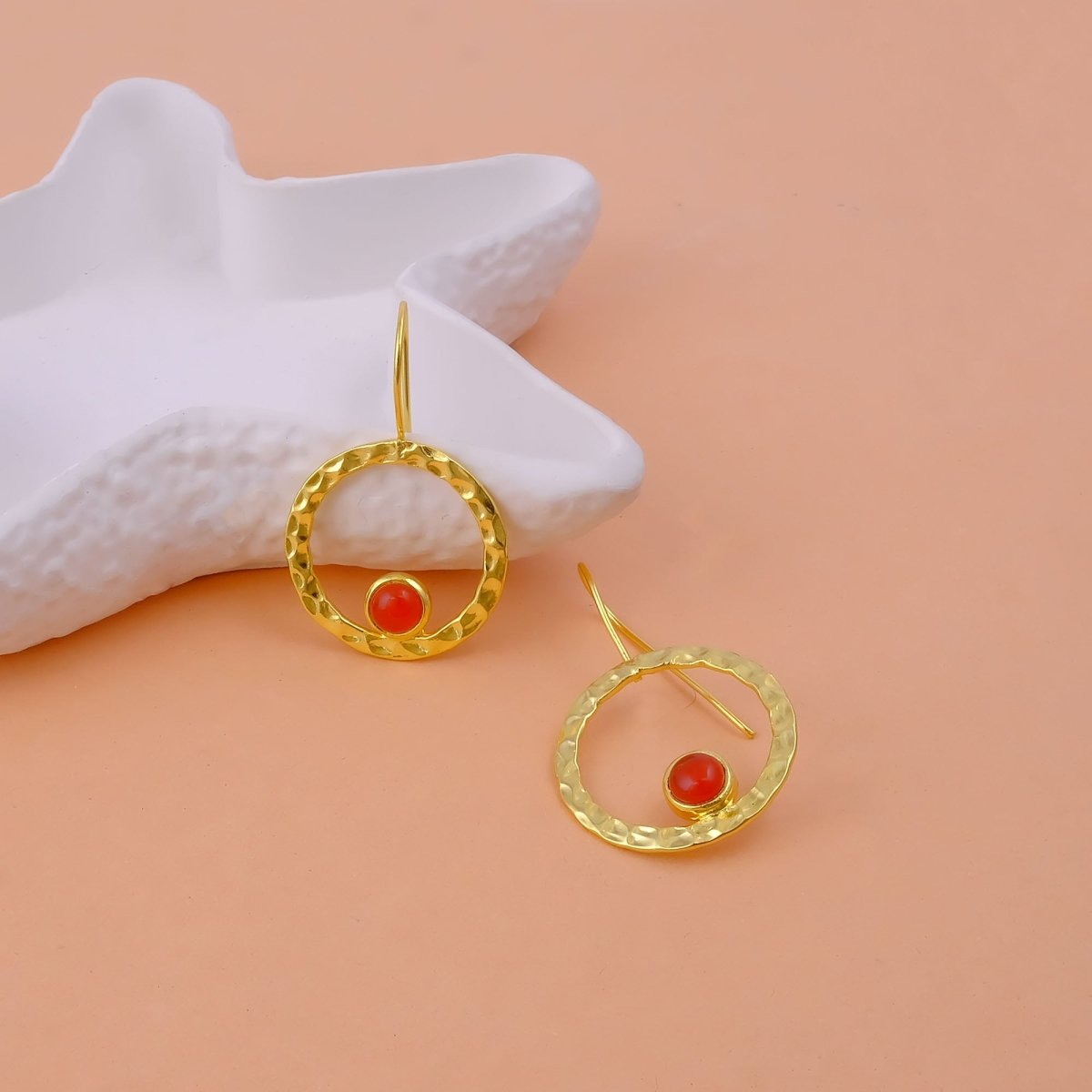 Hammered Textured Gold Plated Circle Earrings with Tiger's Eye Gemstone 5098