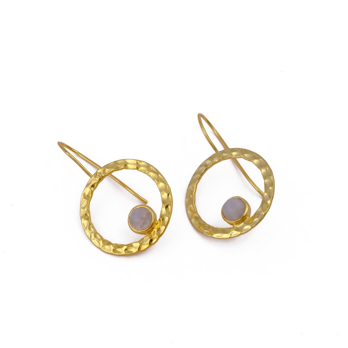 Hammered Textured Gold Plated Circle Earrings with Tiger's Eye Gemstone 5098