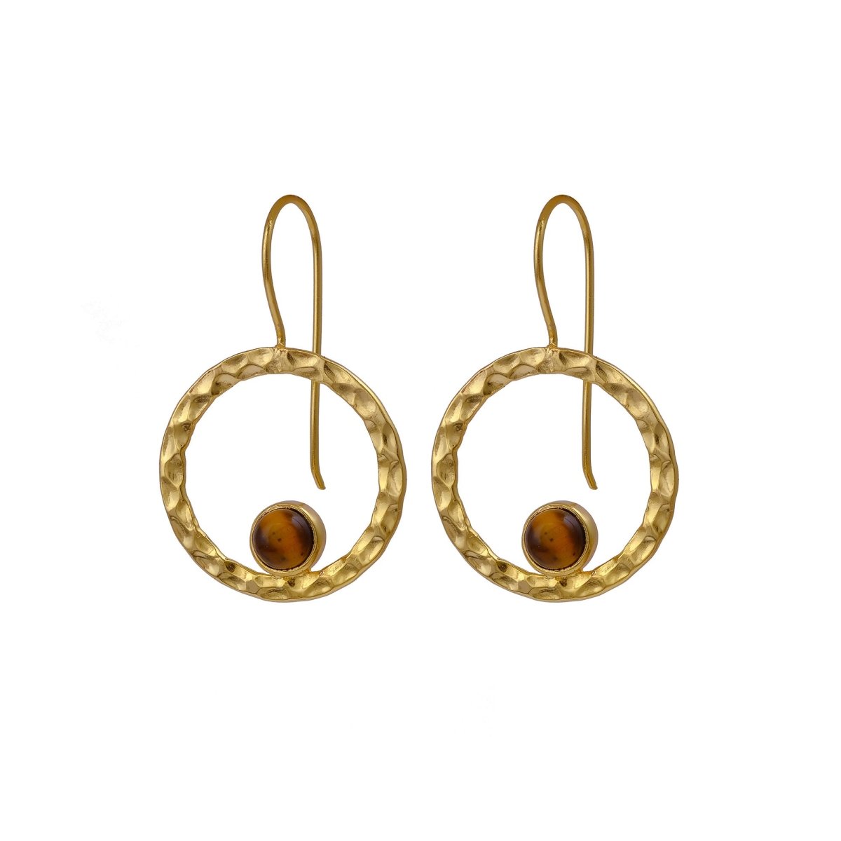 Hammered Textured Gold Plated Circle Earrings with Tiger's Eye Gemstone 5098
