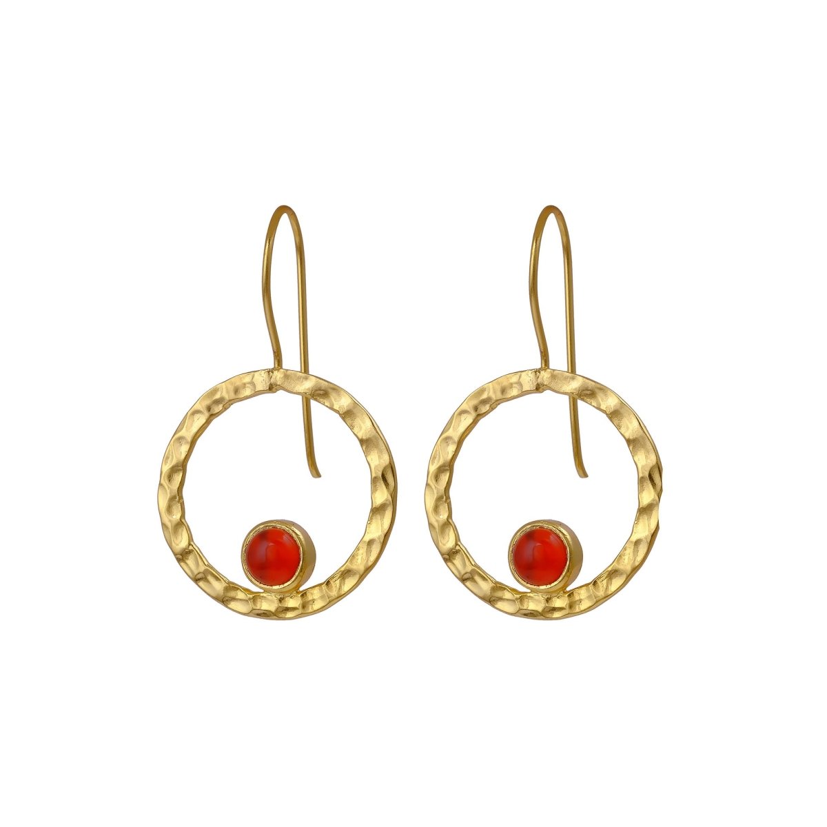 Hammered Textured Gold Plated Circle Earrings with Tiger's Eye Gemstone 5098