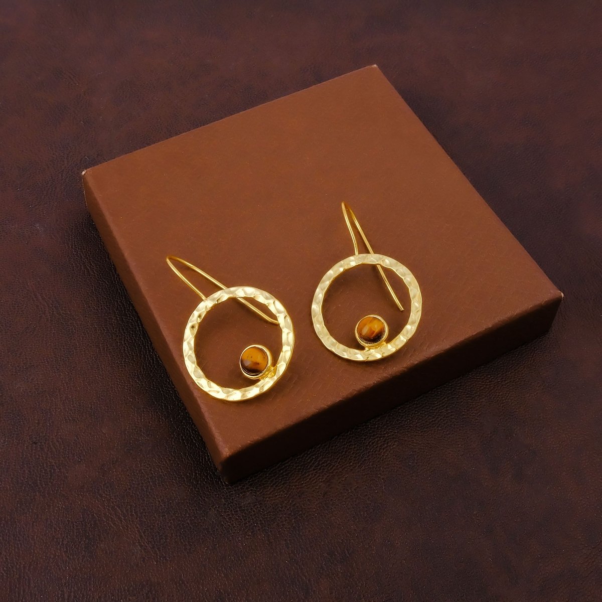 Hammered Textured Gold Plated Circle Earrings with Tiger's Eye Gemstone 5098