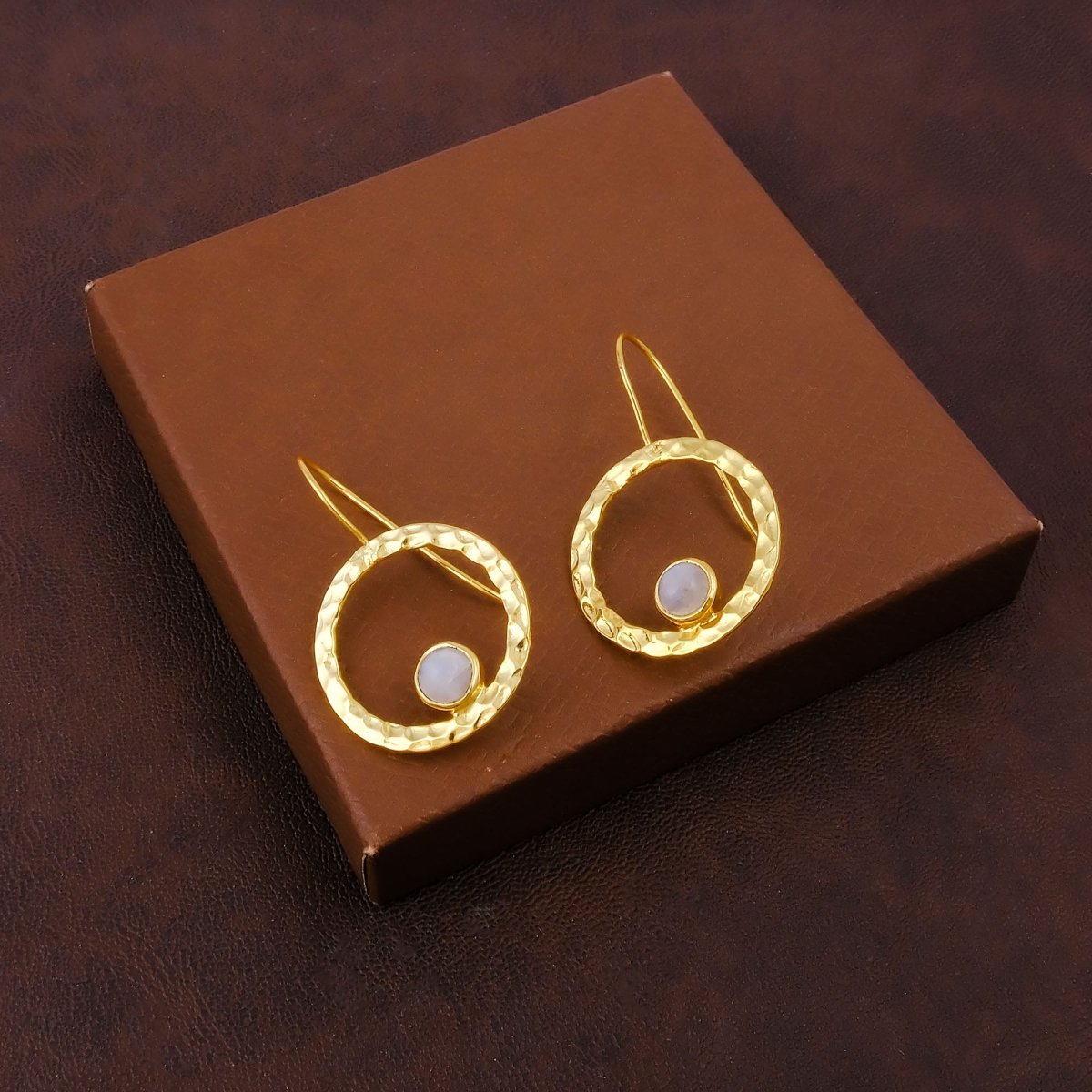 Hammered Textured Gold Plated Circle Earrings with Tiger's Eye Gemstone 5098