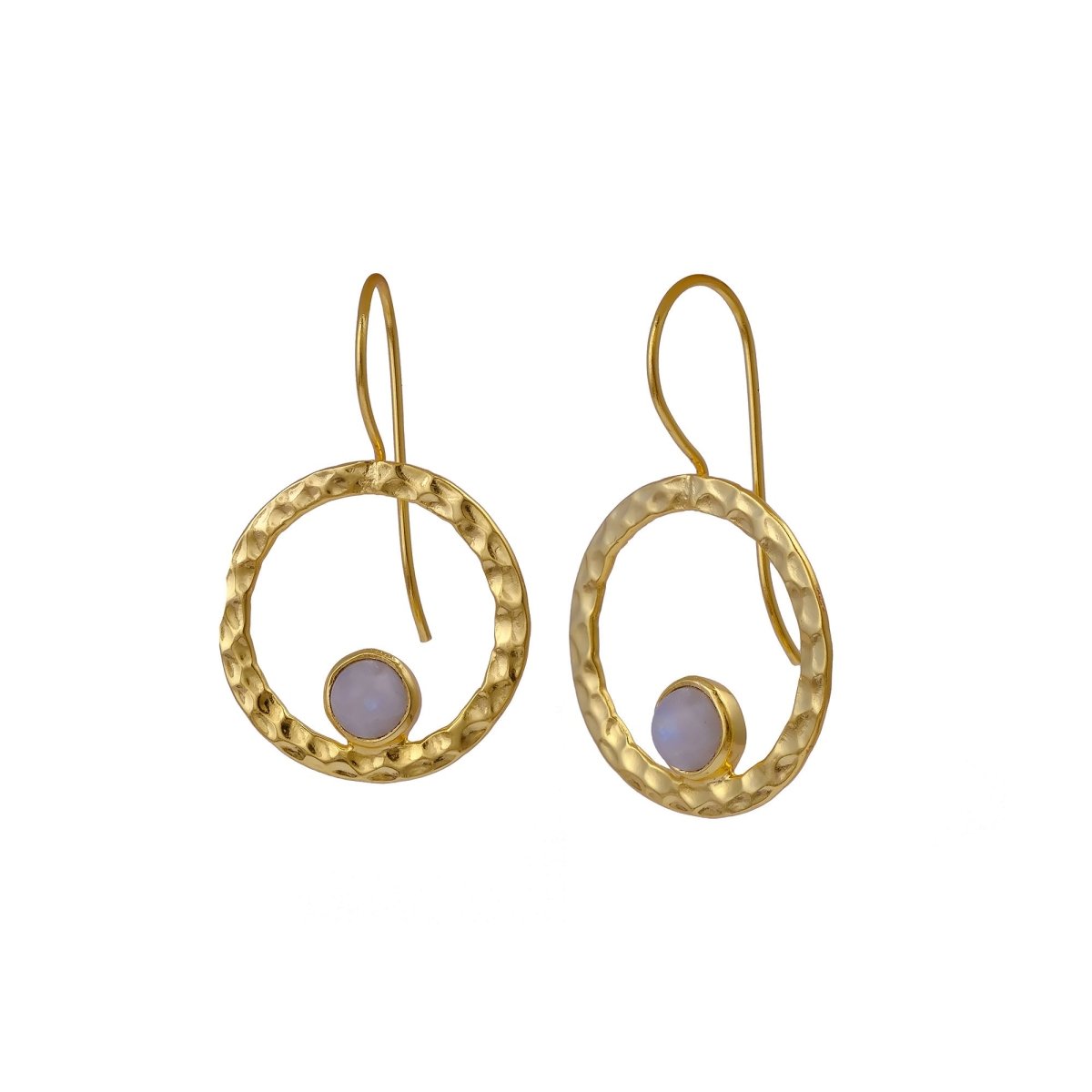 Hammered Textured Gold Plated Circle Earrings with Tiger's Eye Gemstone 5098