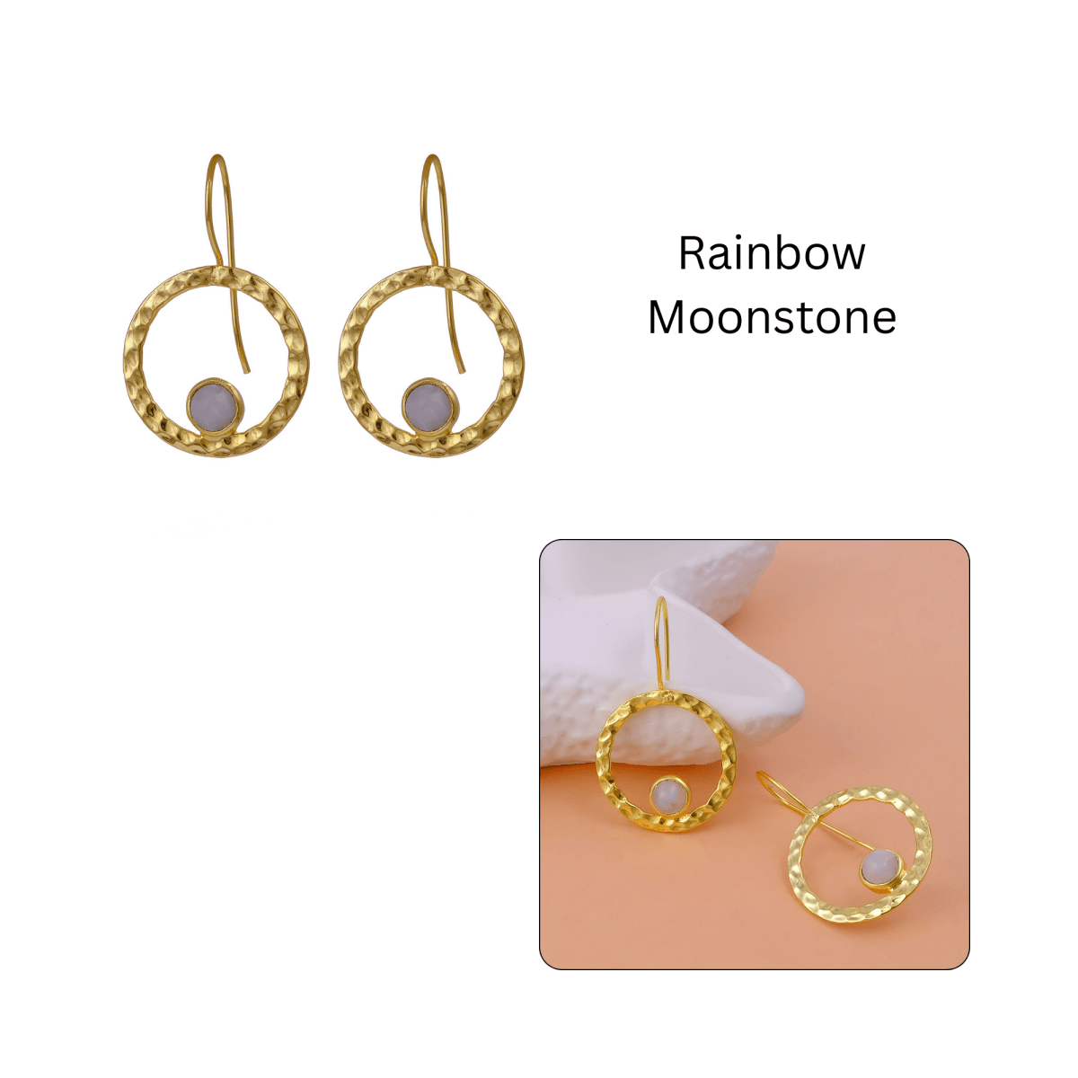 Hammered Textured Gold Plated Circle Earrings with Tiger's Eye Gemstone 5098