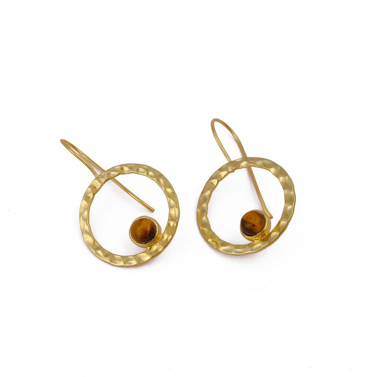 Hammered Textured Gold Plated Circle Earrings with Tiger's Eye Gemstone 5098