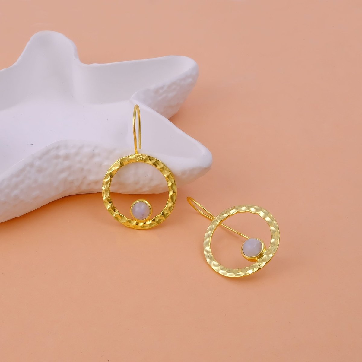 Hammered Textured Gold Plated Circle Earrings with Tiger's Eye Gemstone 5098