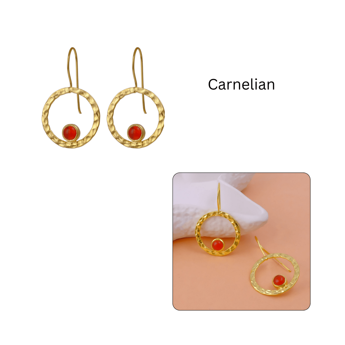 Hammered Textured Gold Plated Circle Earrings with Tiger's Eye Gemstone 5098