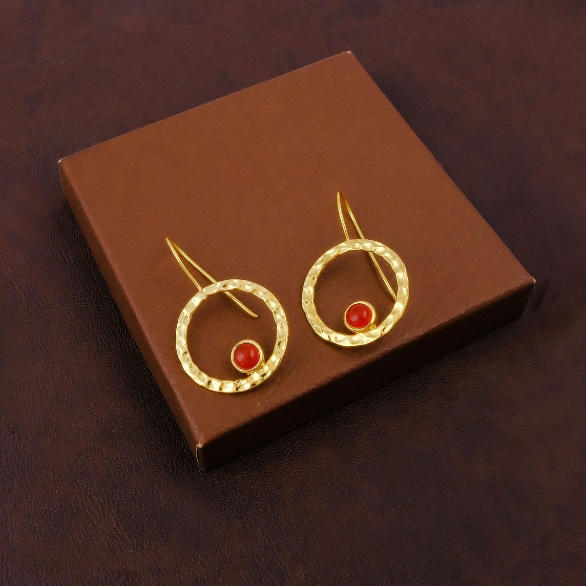 Hammered Textured Gold Plated Circle Earrings with Tiger's Eye Gemstone 5098