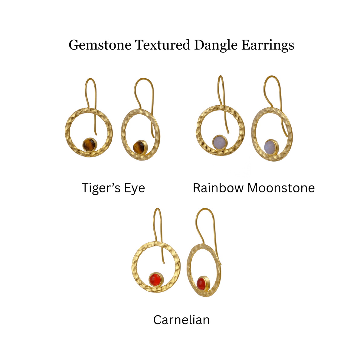 Hammered Textured Gold Plated Circle Earrings with Tiger's Eye Gemstone 5098