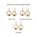 Hammered Textured Gold Plated Circle Earrings with Tiger's Eye Gemstone 5098