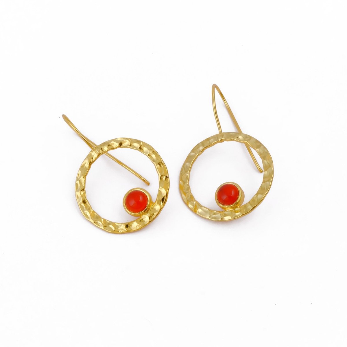 Hammered Textured Gold Plated Circle Earrings with Tiger's Eye Gemstone 5098