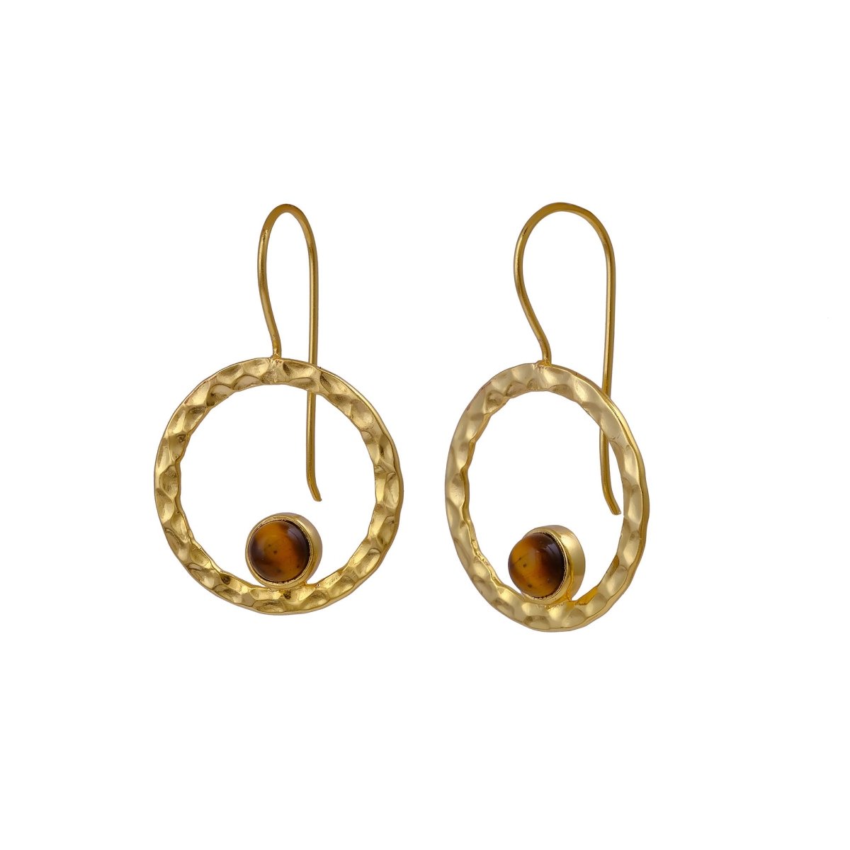 Hammered Textured Gold Plated Circle Earrings with Tiger's Eye Gemstone 5098