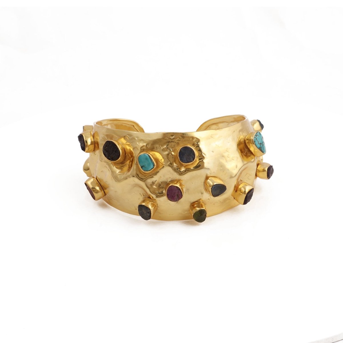 Hammered Textured Multi - Stone Cuff, Gold Plated Handcrafted Gemstone Bangle 5470