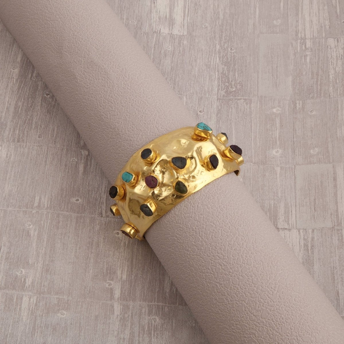 Hammered Textured Multi - Stone Cuff, Gold Plated Handcrafted Gemstone Bangle 5470