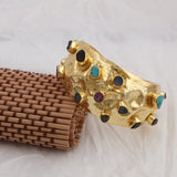 Hammered Textured Multi - Stone Cuff, Gold Plated Handcrafted Gemstone Bangle 5470