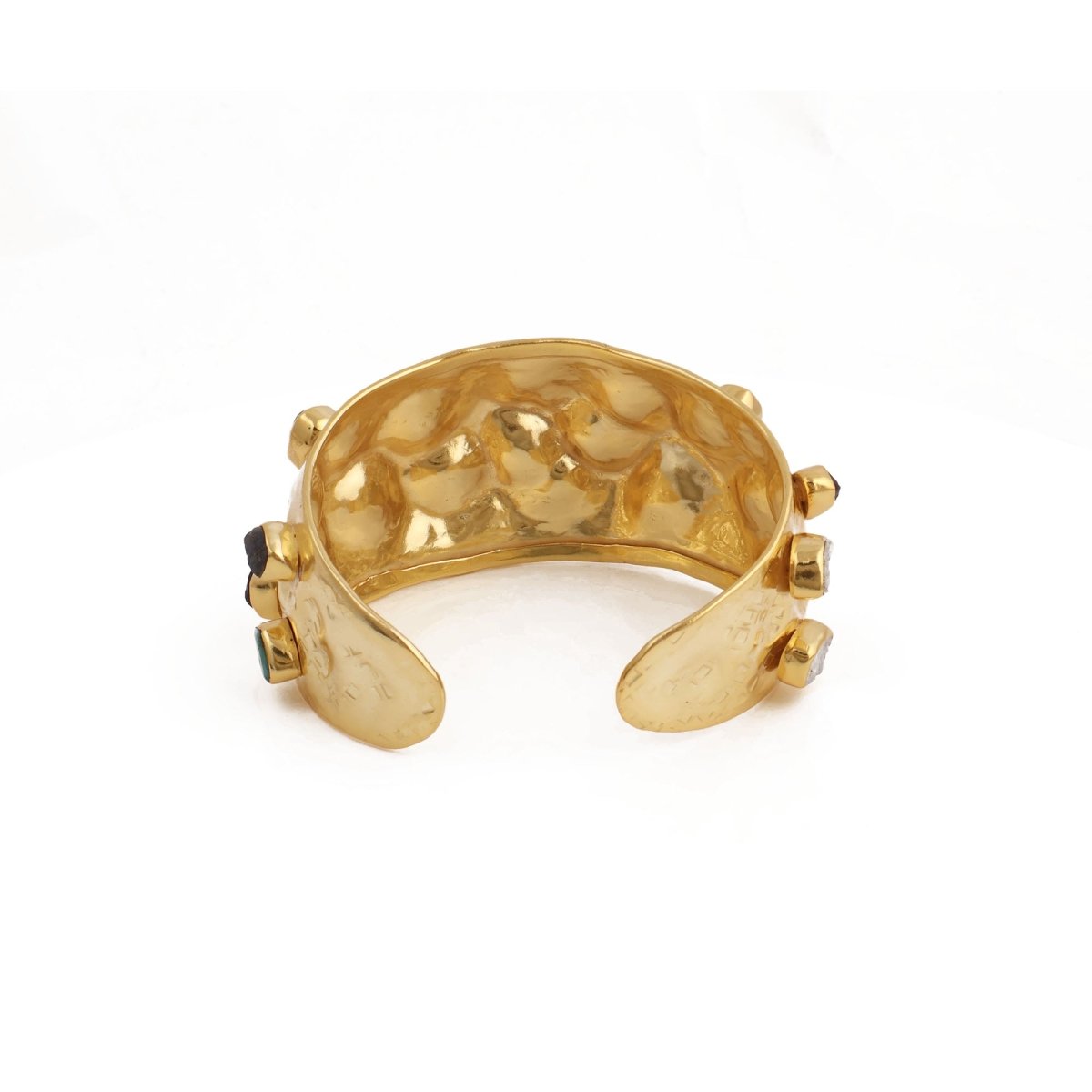 Hammered Textured Multi - Stone Cuff, Gold Plated Handcrafted Gemstone Bangle 5470