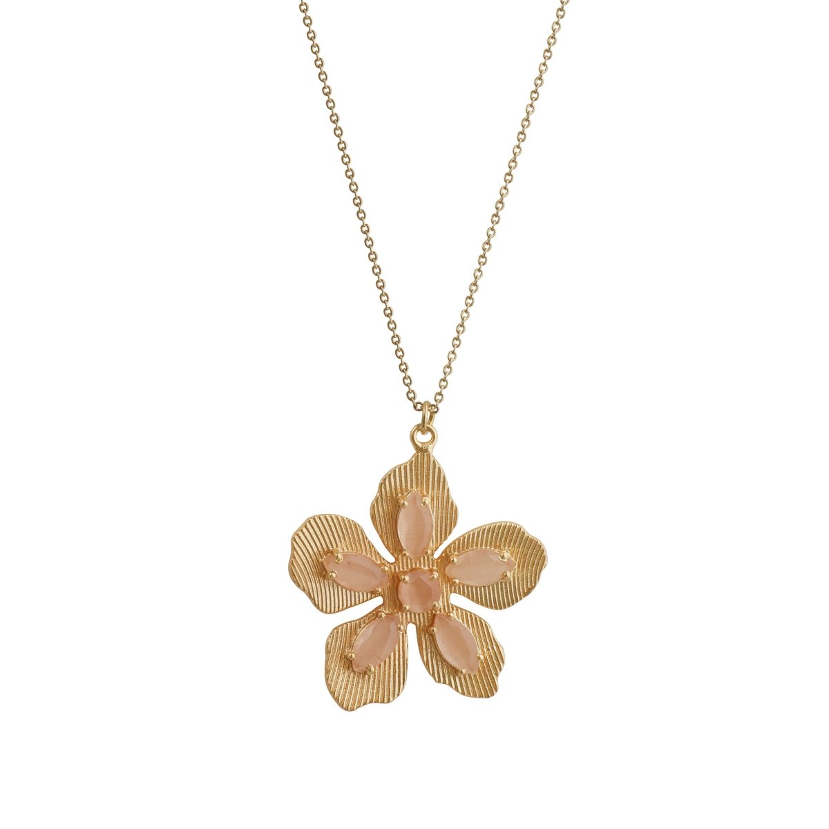 Handcrafted Beige Cat's Eye Flower Pendant Necklace with Textured Gold Leaves 5890