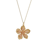 Handcrafted Beige Cat's Eye Flower Pendant Necklace with Textured Gold Leaves 5890