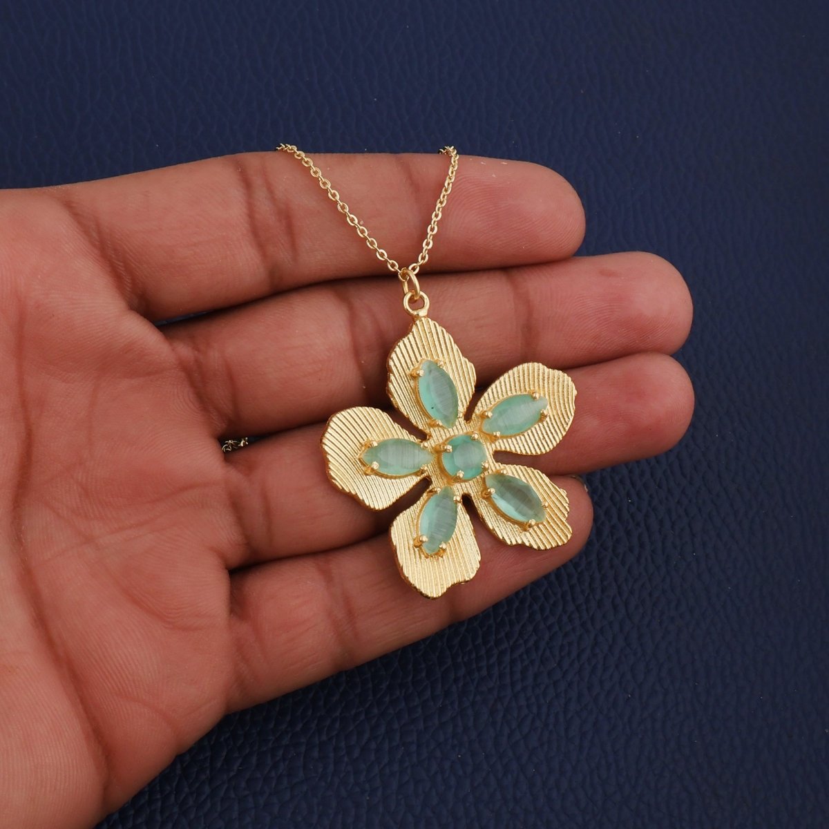 Handcrafted Beige Cat's Eye Flower Pendant Necklace with Textured Gold Leaves 5890