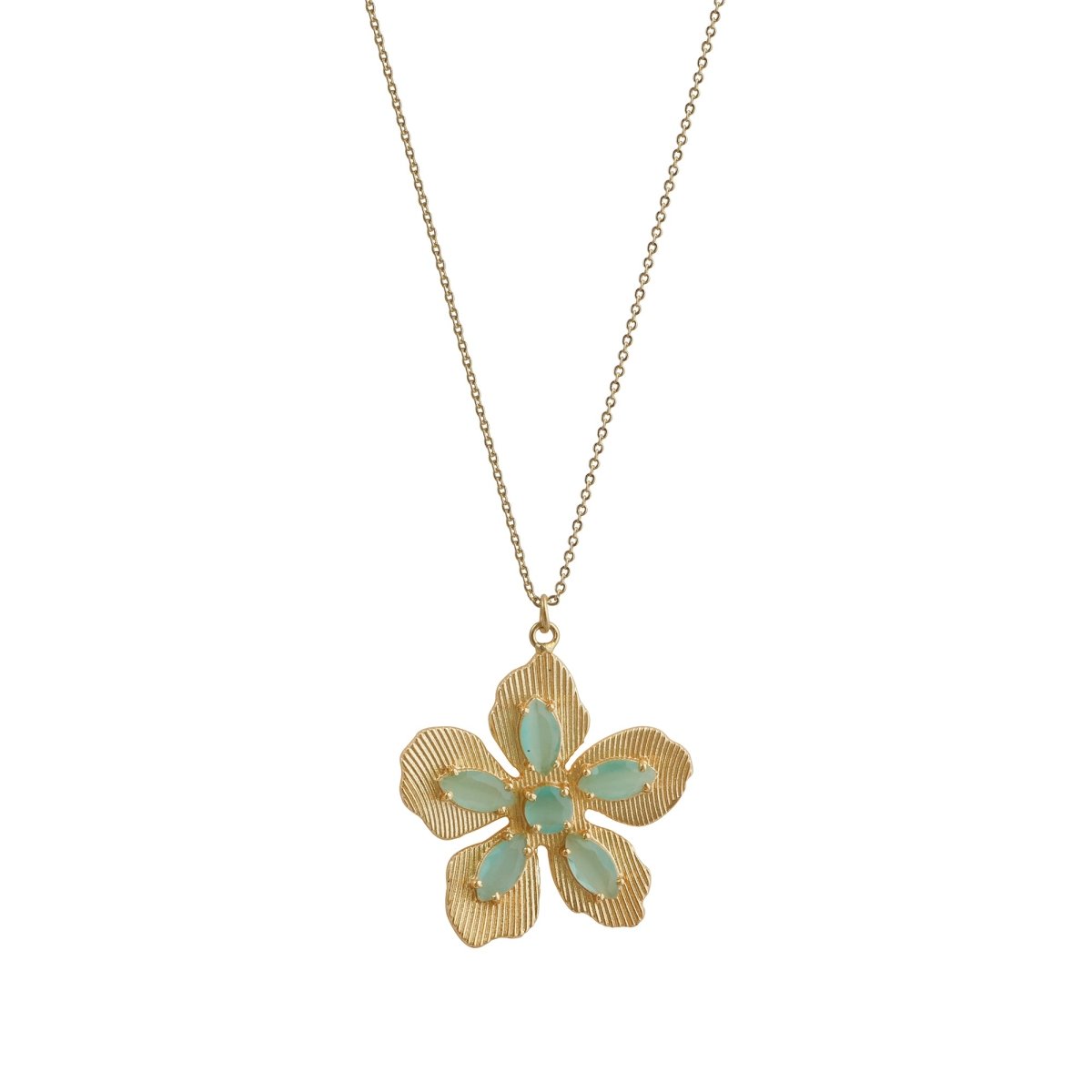 Handcrafted Beige Cat's Eye Flower Pendant Necklace with Textured Gold Leaves 5890
