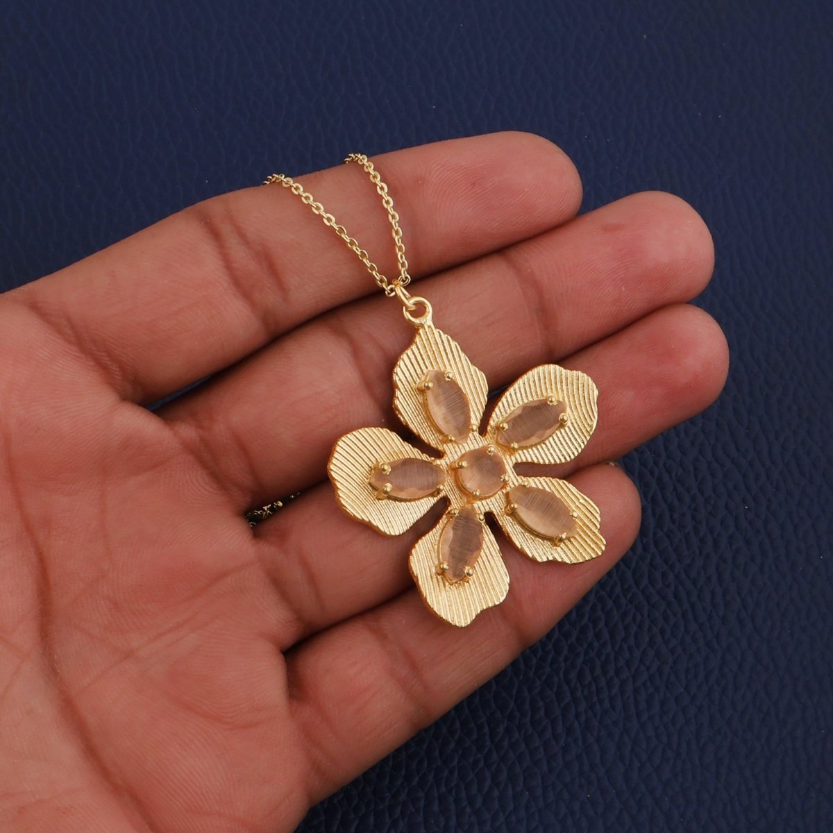 Handcrafted Beige Cat's Eye Flower Pendant Necklace with Textured Gold Leaves 5890