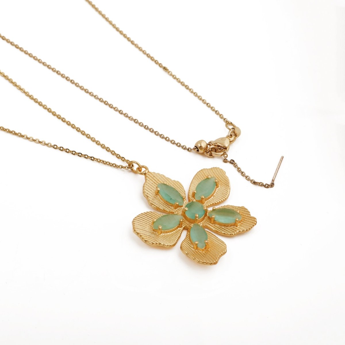 Handcrafted Beige Cat's Eye Flower Pendant Necklace with Textured Gold Leaves 5890 Blue Cat's Eye