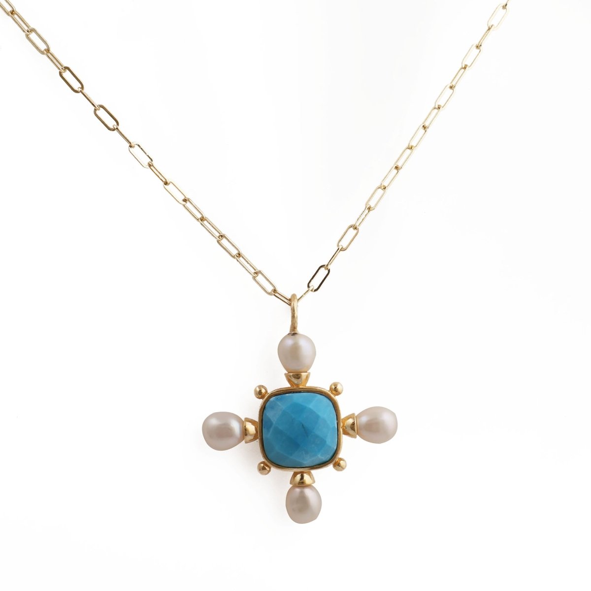 Handcrafted Faceted Turquoise Gemstone, Cross Necklace with Freshwater Pearls 5406