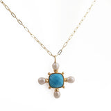 Handcrafted Faceted Turquoise Gemstone, Cross Necklace with Freshwater Pearls 5406